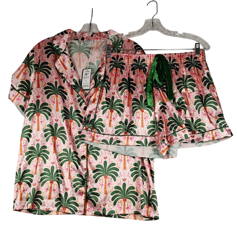 Bella Sleep Spa Pink Palm Beach Flamingo Pajama Set Short Sleeve Velvet Tie L